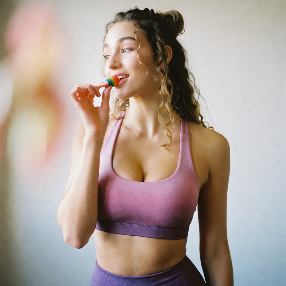 Woman enjoying a wellness gummy