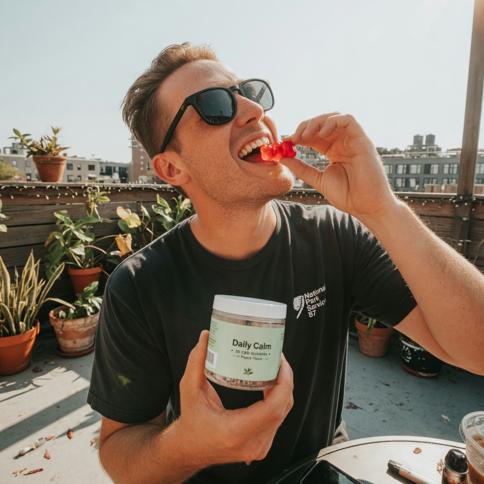 Customer enjoying gummies on rooftop